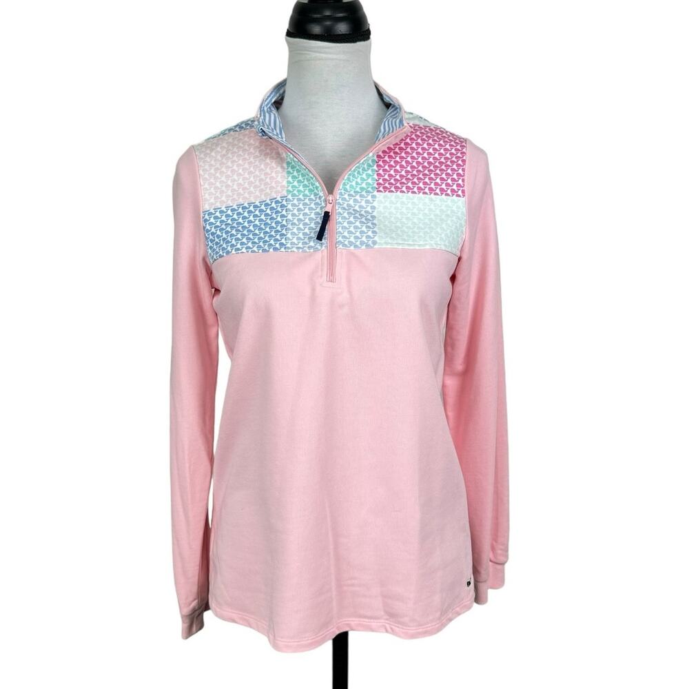Vineyard Vines x Target | Youth Girls Pink Patchwork Whale Logo 1/4 Zip Pullover